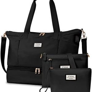 ETRONIK Weekender Bag for Women, Expandable Travel Duffel Bag with USB Charging Port, Gym Bag with Shoe Compartment and Wet Pocket, Carry On Tote Bag for Women Travel Sports Airplanes 3Pcs Set, Black