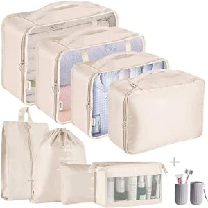HYan Packing Cubes - 9 PCS Travel Luggage Organizers Set Waterproof Suitcase Organizer Bags Clothes Shoes Cosmetics Toiletries Storage Bags(Beige)