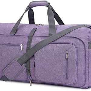 WANDF Foldable Duffel Bag 65L with Wet Pocket & Shoes Compartment, Overnight Weekender Travel Duffle for Men Women Water-proof & Tear Resistant(Purple)
