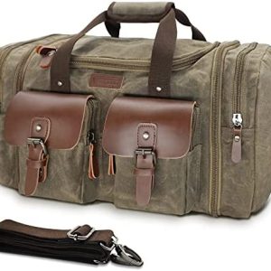 Wildroad Duffle Bag for Travel, 50L Waterproof Waxed Canvas Genuine Leather Weekender Overnight Bag Vintage Travel Hand Bag Carry on Bag