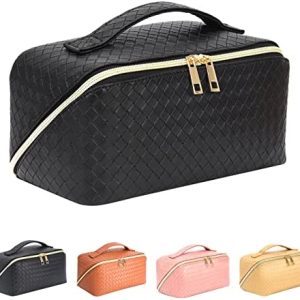 ZAUKNYA Makeup Bag - Large Capacity Travel Cosmetic Bag, Portable Leather Waterproof Women Travel Makeup Bag Organizer, with Handle and Divider Flat Lay Checkered Cosmetic Bags (Black)