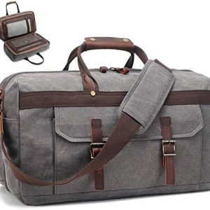 Duffle Bag for Men Waterproof Genuine Leather Canvas Travel Duffel Bags for Women Overnight Weekender Bag for Traveling, Grey