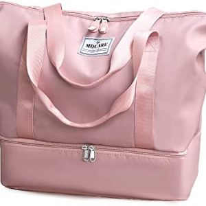 MOCARE Travel Duffel Bag, Sports Gym Tote Carry on Bags for Women, Foldable Lightweight Overnight Shoulder Weekender Shopping Hospital Handbag with Shoes Compartment (Pink)