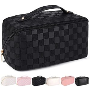 Travel Makeup Bag for Women Large Capacity Cosmetic Bag Waterproof Black Checkered Portable PU Leather Toiletry Bag Organizer Makeup Brushes Storage Bag with Dividers and Handle