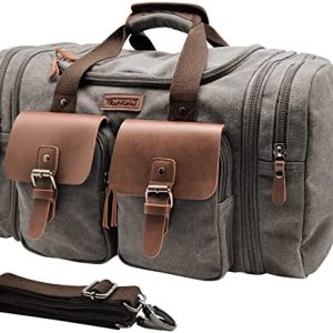 Wildroad 50L Travel Duffel Bag, Expandable Canvas Genuine Leather Duffle Bag Upgraded Overnight Weekender Bag Carry on Bag