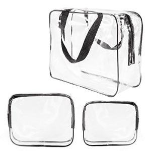3Pcs Crystal Clear PVC Travel Toiletry Bag Kit for Women Men, Waterproof Vinyl Organizer Clear Makeup Bags with Zipper Handle Straps, Cosmetic Bag Pouch Carry on Airport Airline Compliant Bag Handbag