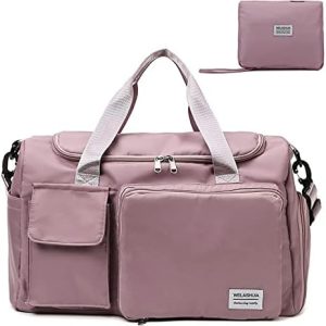 Travel Bag, Large Capacity Folding Travel Bag, Sports Gym Bag with Wet Pocket & Shoes Compartment, Foldable Travel Duffel Bag, Weekender Overnight Bag for Women and Man (Pink)