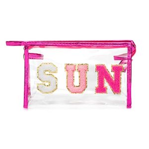 Y1tvei Preppy Patch SUN Varsity Letter Cosmetic Toiletry Bag Transparent PVC Zipper Makeup Bag Daily Use Clutch Purse Portable Waterproof Travel Organizer Compliant Bag for Women Girls Teens(Rose Red)