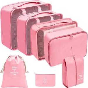 7 Set Packing Cubes for Suitcases,Travel Luggage Packing Organizers with Laundry Bag, Compression Storage Shoe Bag, Clothing Underwear Bag, for Man & Women (Pink)