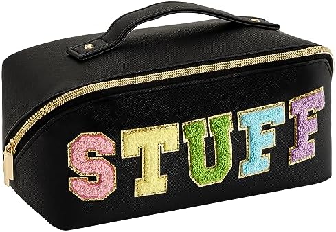Vorey Preppy Makeup Bag Organizer PU Leather Travel Toiletry Bag Cute Chenille Letter Cosmetic Bag Aesthetic Stuff Bag Large Capacity Waterproof Pouch with Alloy Zipper, Black