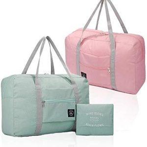 (2 Pack) Foldable Travel Duffel Bag, Waterproof Carry On Luggage Bag, Lightweight Travel Luggage Bag for Sports, Gym, Vacation (Light blue & Light pink)