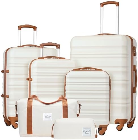 LONG VACATION Luggage Set 4 Piece Luggage Set ABS hardshell TSA Lock Spinner Wheels Luggage Carry on Suitcase (WHITE-BROWN, 6 piece set)