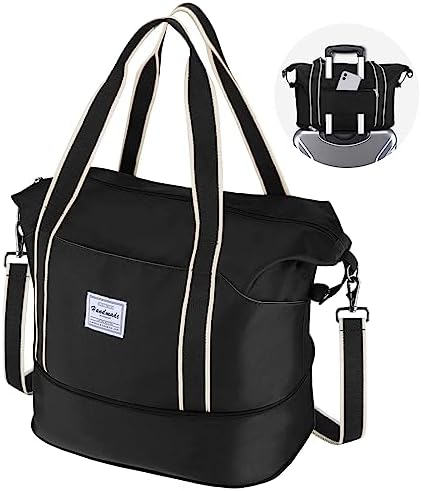 WALNEW Travel Duffel Bag, Weekender Overnight Carry On Bag for Women Men, Foldable Waterproof Gym Luggage Duffle Bag with Metal Buckle Detachable Shoulder Strap and Wet Compartment (Black)