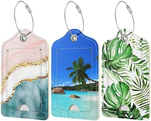 Rimilak 3 Pcs PU Leather Luggage Tags for Suitcase, Travel Cruise Luggage Tag with Privacy Flap, Name ID Label and Metal Loop for Women Men Baggage Handbag School Bag Backpack, Beach
