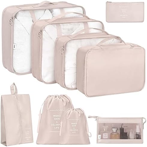 9 Pack Luggage Packing Organizers Packing Cubes Waterproof Suitcase Organizer Bags Travel Packing Organizers (9pcs-Beige)