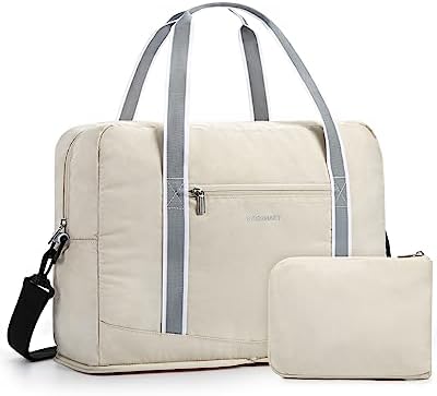 BAGSMART For Spirit Airlines Personal Item Bag 18x14x8, Foldable Travel Duffel Bag Tote Weekend Overnight Bag Carry on Luggage for Women and Men(Beige)