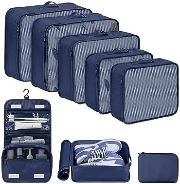 DIMJ Packing Cubes for Travel, 8 Set Luggage Packing Organizers Lightweight Suitcase Storage Bag with Multiple Sizes Travel Bag for Clothes Shoes Cosmetics Toiletries (Navy blue)