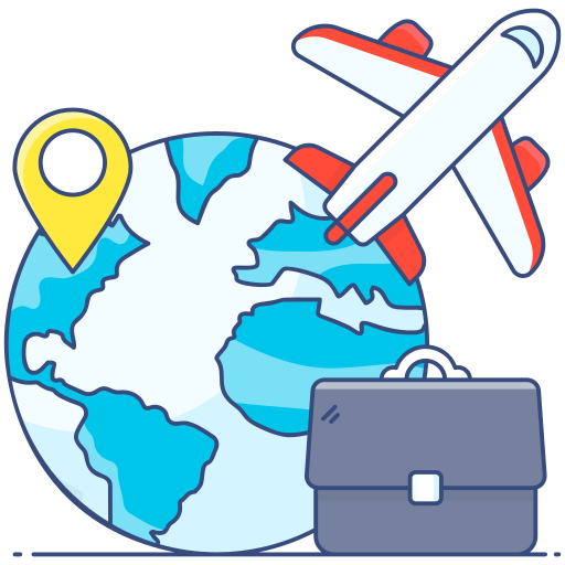 Booking hotels worldwide: Globe with plane, pin, and suitcase representing global hotel travel and booking.