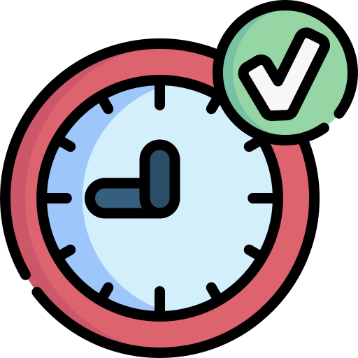 Home: Clock icon with checkmark, indicating schedule completion or on-time arrival.