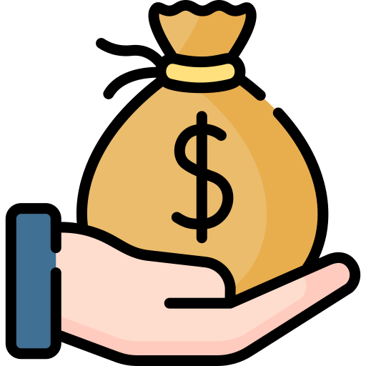 Hand holding a bag of money. Home finance concept. Cartoon icon.