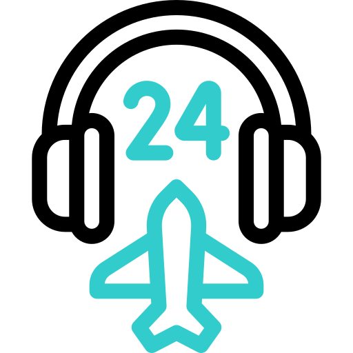 24/7 hotel support icon with headphones and airplane for assistance.
