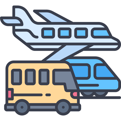 Home transportation options: airplane, bus, and train icon. Travel choices.